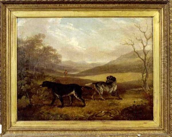 Two Spaniels And A Hunter In An Extensive Landscape Oil Painting by Philipp Reinagle