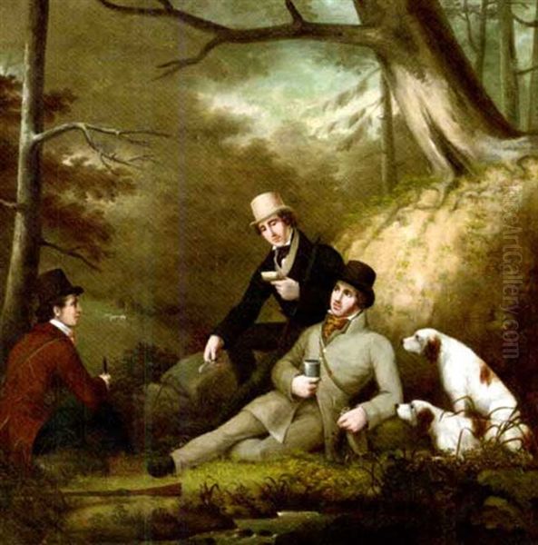 Sportsmen Taking Lunch By A Stream, In A Woodland Setting (+ A Sportsman Out Shooting With His Spaniels In The Woods; 2 Works) Oil Painting by Philipp Reinagle