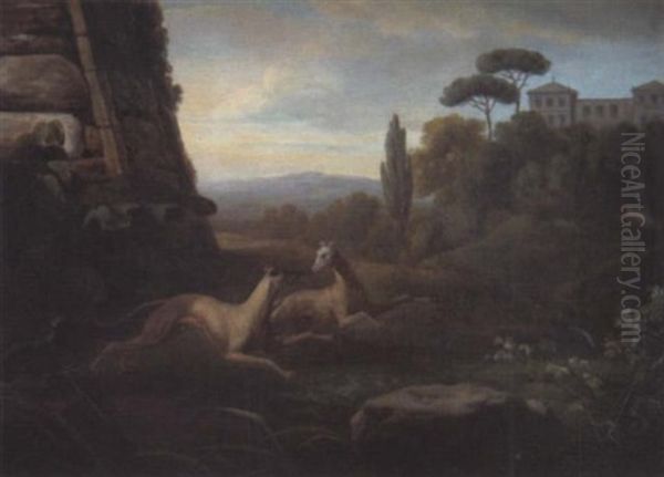 A Pair Of Greyhounds Running In An Arcadian Landscape Oil Painting by Philipp Reinagle