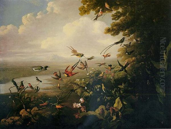 Exotic Birds In A Panoramic River Landscape Oil Painting by Philipp Reinagle