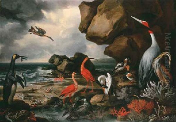 A Penguin, A Pair Of Flamingoes And Other Exotic Birds, Shells And Coral On The Shoreline Oil Painting by Philipp Reinagle