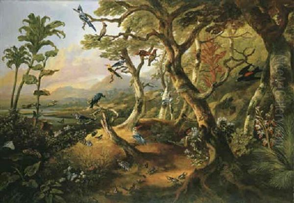 Exotic Birds And Insects Among Trees And Foliage In A Mountainous River Landscape Oil Painting by Philipp Reinagle