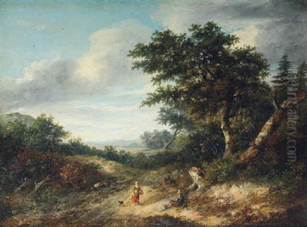 Wooded Landscape With Travellers On A Path Oil Painting by Philipp Reinagle