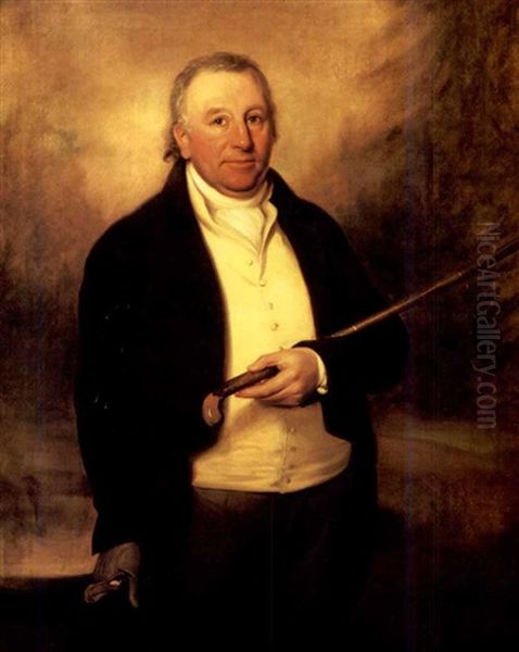 Portrait Of Hugh Hornby Of Ribby Wearing A Brown Coat With A Hat In His Right Hand And Walking Stick In His Left Oil Painting by Philipp Reinagle