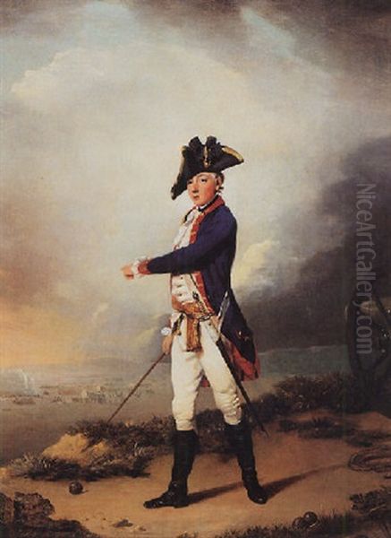 A Portrait Of Lieutenant William Hutton Standing By A Cannon With A Battle Beyond Oil Painting by Philipp Reinagle