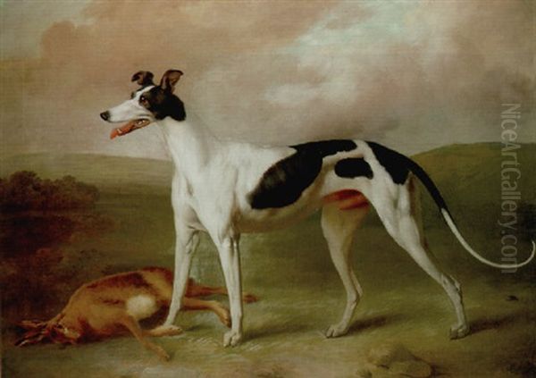 A Greyhound With A Dead Hare, In An Extensive Landscape Oil Painting by Philipp Reinagle