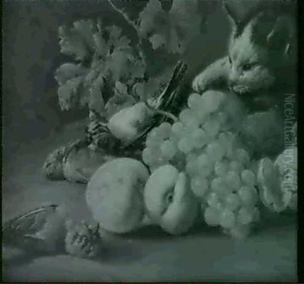 A Still Life Of Peaches, Grapes And Dead Birds With A Cat Oil Painting by Philipp Reinagle