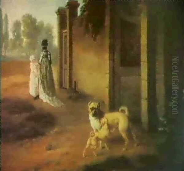 Pug Dog With A Puppy By A Gate With A Lady And Her Child    Beyond Oil Painting by Philipp Reinagle