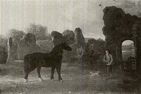 Robin Hood, A Draught Stallionwith A Groom And A Dog At     Jervaux Abbey, North Yorkshire by Philipp Reinagle