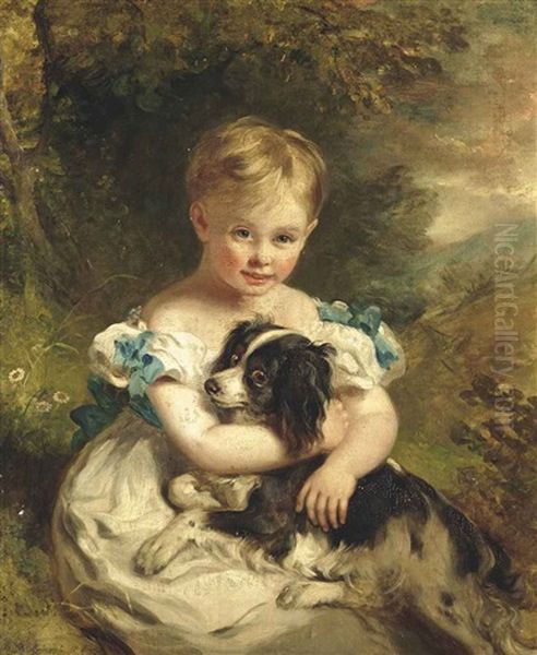 Portrait Of A Young Boy, Full-length, In A White Dress With Blue Bows, Holding A Spaniel, Seated In A Landscape by Ramsay Richard Reinagle