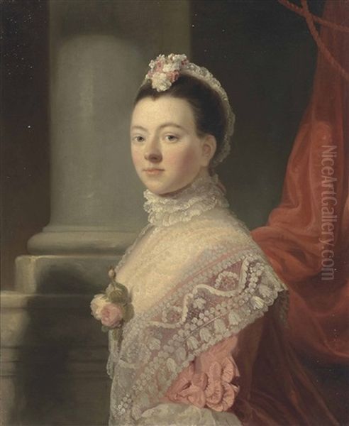 Portrait Of Anne, Lady North (c.1740-1797), Wife Of Frederick North, 2nd Baron North, Three-quarter-length, In A Pink Dress And Lace Shawl With Roses At Her Decolletage, And A Lace Head-dress, By A Column Oil Painting by Ramsay Richard Reinagle