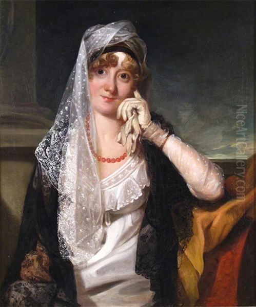 Portrait Of A Lady Wearing A Lace Veil And Gloves, Seated Half Length Oil Painting by Ramsay Richard Reinagle