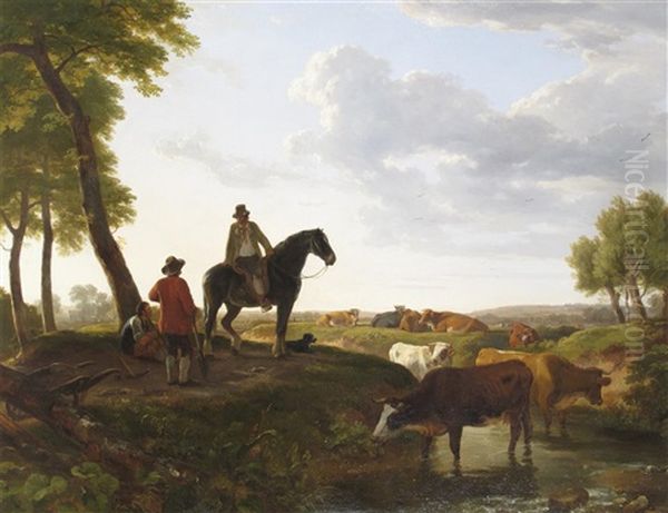 Farm Hands Tending Cattle In A River Landscape Oil Painting by Ramsay Richard Reinagle