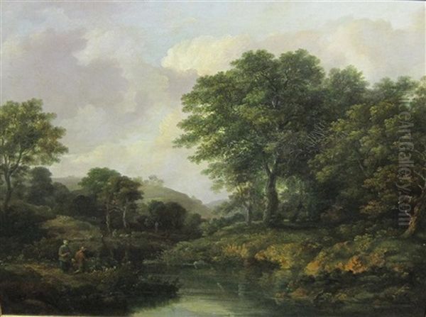 A Wooded River Landscape With Anglers On A Bank Oil Painting by Ramsay Richard Reinagle