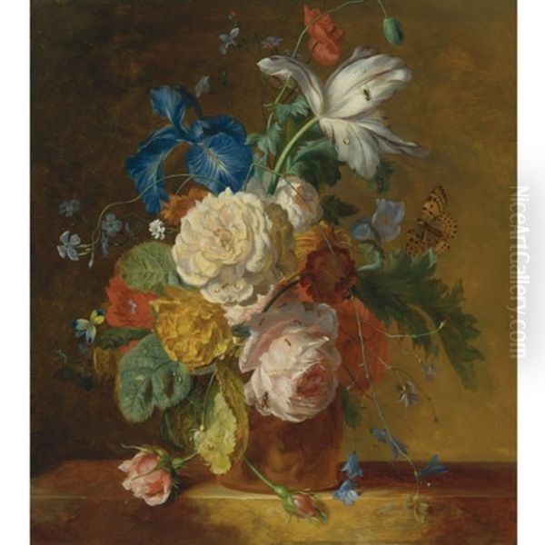 Still Life Of Roses, An Iris, A Tulip And Other Flowers In A Terracotta Vase, Resting On Ledge Oil Painting by Ramsay Richard Reinagle