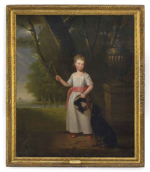 Portrait Of A Young Girl, Standing, In A White Dress With A Pink Sash And Shoes, A Dog By Her Side In A Landscape Oil Painting by Ramsay Richard Reinagle