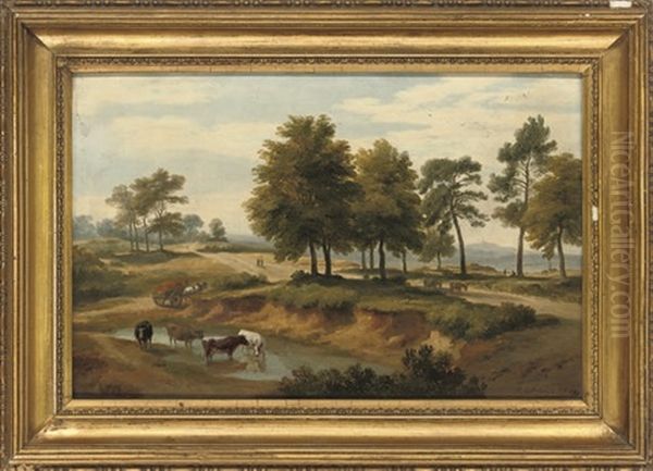 An Extensive Wooded River Landscape With Cattle Watering, Figures On A Path Oil Painting by Ramsay Richard Reinagle