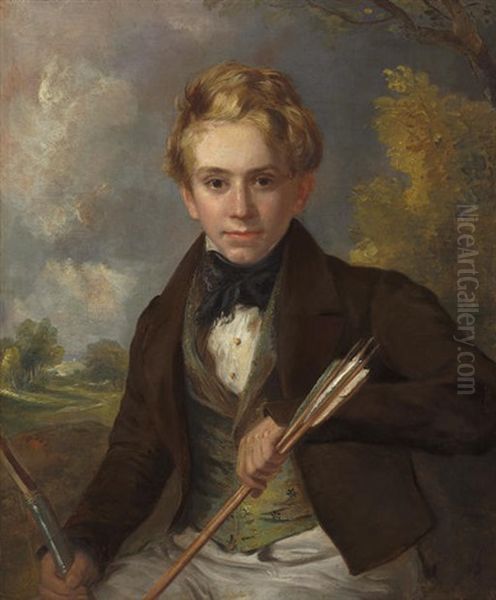 Portrait Of A Boy In A Brown Jacket And Green Vest, Holding A Bow And Arrows Oil Painting by Ramsay Richard Reinagle