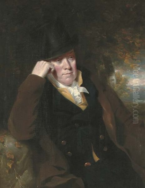 Portrait Of Sir Brooke Boothby, 7th Bt. (1743-1824), Half-length, Seated In A Navy Coat And Brown Overcoat In A Landscape Oil Painting by Ramsay Richard Reinagle