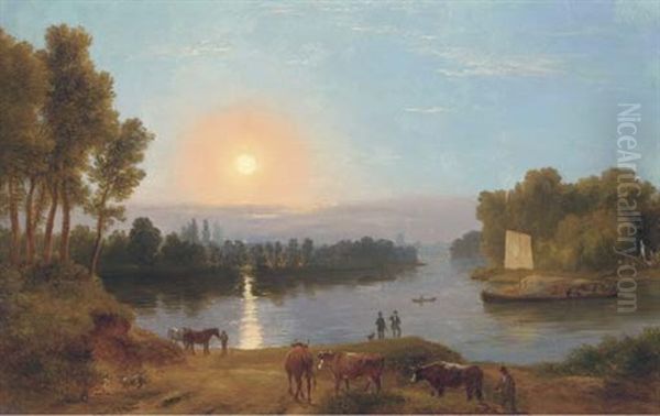 An Extensive River Landscape, With Figures And Cattle In The Foreground (on The River Thames?) Looking From Petersham Meadows Towards Richmond Bridge Oil Painting by Ramsay Richard Reinagle