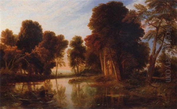 A Fisherman Laying Creels In A River Oil Painting by Ramsay Richard Reinagle