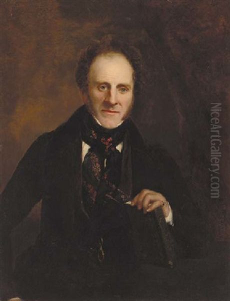 Portrait Of A Gentleman Seated At A Table In A Black Frock Coat And Embroidered Scarf, Holding A Book Oil Painting by Ramsay Richard Reinagle