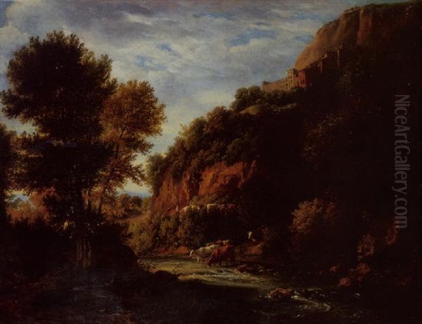 A Rocky River Landscape With A Cowherd Watering His Livestock, A Castle Perched On A Hilltop Beyond Oil Painting by Ramsay Richard Reinagle