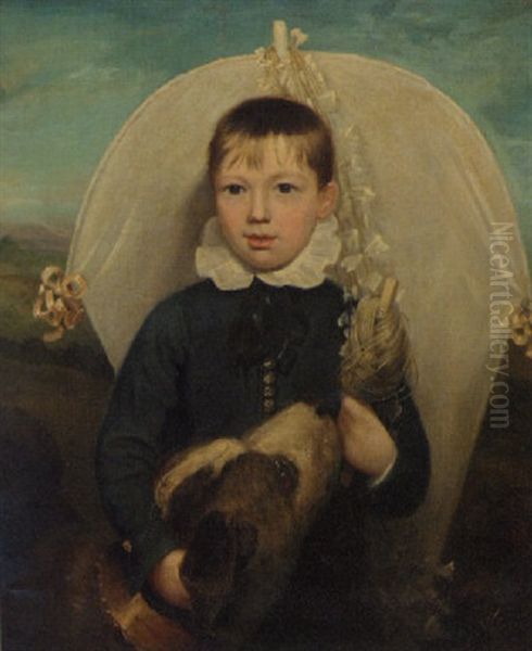 Portrait Of A Young Boy In A Blue Jacket Holding A Kite With A Dog By His Side In A Landscape Oil Painting by Ramsay Richard Reinagle