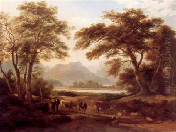 Cattle And Figures In A Mountainous Landscape Oil Painting by Ramsay Richard Reinagle