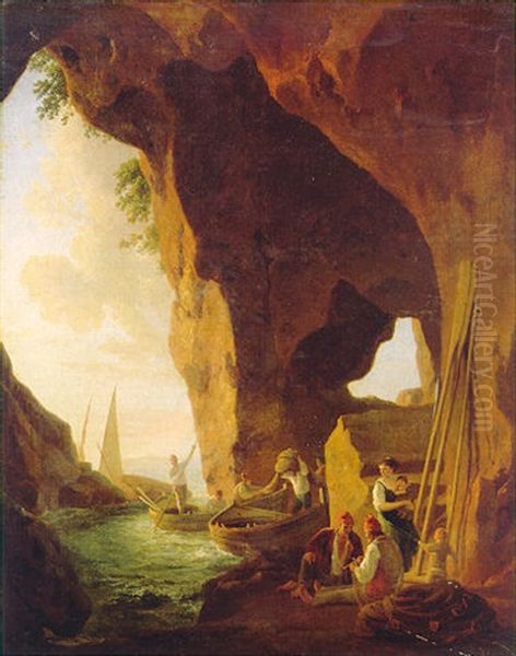 A Rocky Mediterranean Cove With Fishermen Unloading Their Rowing Boats And Mending Their Nets by Ramsay Richard Reinagle