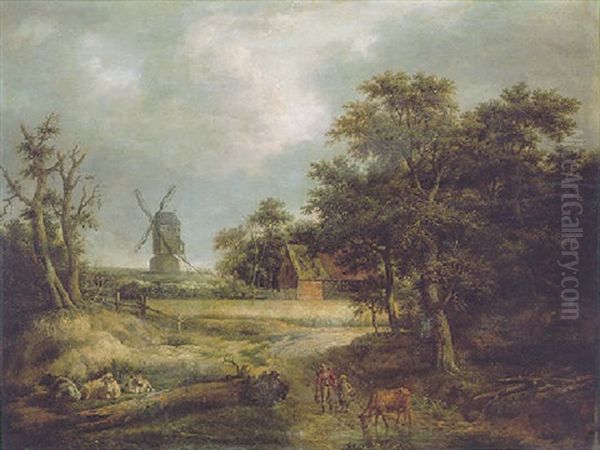 A Wooded Landscape With A Countryman And A Young Girl Approaching A Stream Where A Cow Is Watering Oil Painting by Ramsay Richard Reinagle