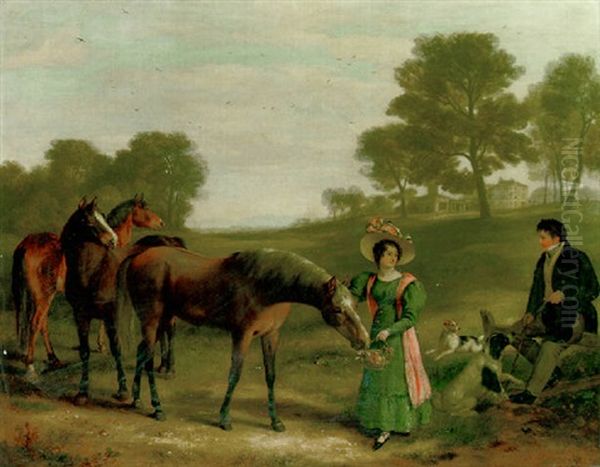 Charles Mundy And His Daughter, Miss Sophy Mundy, With Favorite Horses, In The Grounds Of Burton Hall, Leicestershire Oil Painting by Ramsay Richard Reinagle