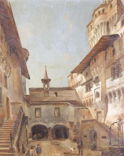 Sonniger Innenhof Eines Italienischen Palazzos. Oil Painting by Francois Bonnet