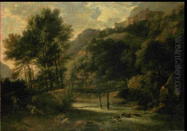 Peasants Before A Bridge, With Goats Grazing Beneath A      Castle Oil Painting by Ramsay Richard Reinagle