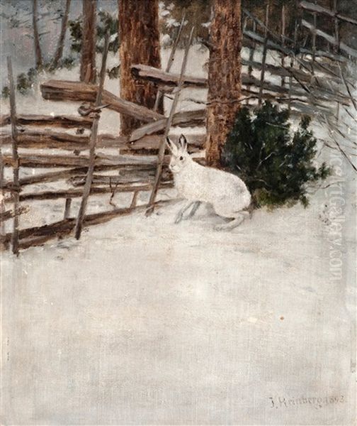 A Hare In A Winter Landscape Oil Painting by Johan Reinberg