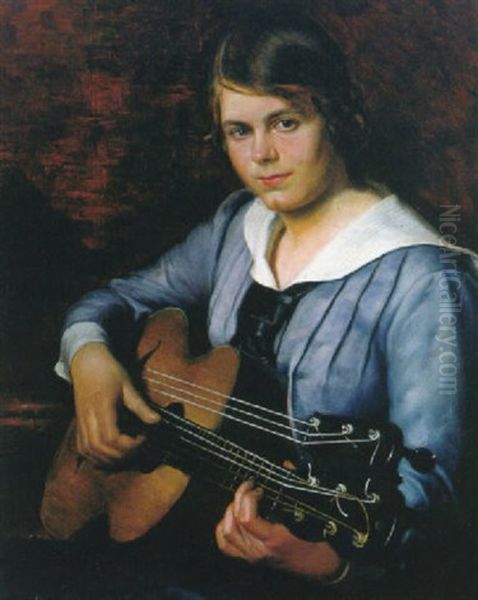 Portrait Eines Jungen Madchens In Blauem Kleid Mit Saiteninstrument Oil Painting by Joseph Reiner