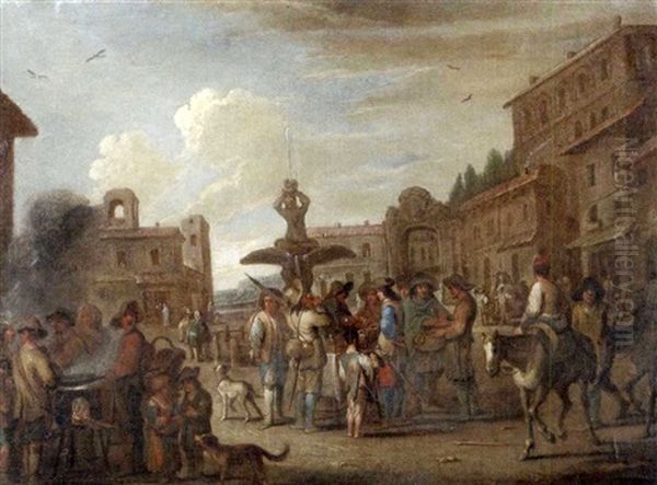 Volkstreiben Auf Der Piazza Barberini In Rom Vor Dem Tritonbrunnen Oil Painting by Wenzel Lorenz Reiner