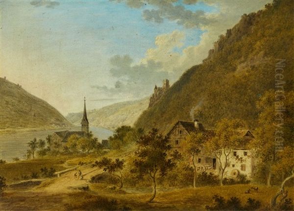 River Landscape With A Church And Castle Ruins Oil Painting by Friedrich Christian Reinermann