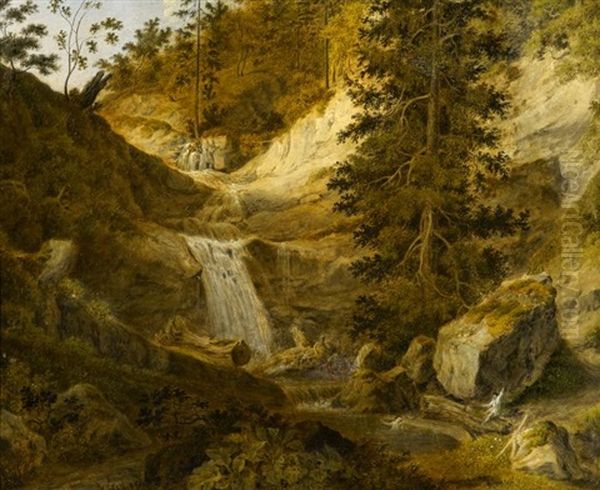 Wasserfall In Der Schweiz Oil Painting by Friedrich Christian Reinermann