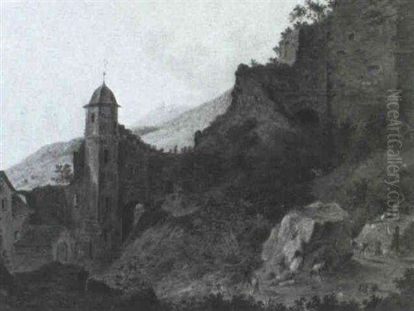 Anischt Von Schloss Gondorf An Der Mosel, Im Vordergrund    Hirte Mit Ziegen Und Schafen Oil Painting by Friedrich Christian Reinermann