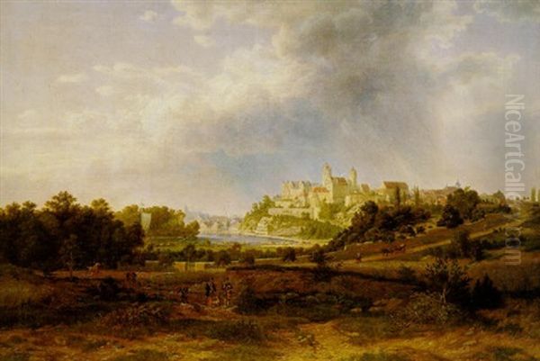 Blick Auf Bernburg/saale Mit Der Hochgelegenen Stadt Und Dem Anhaltinischen Residenzschloss, Im Vordergrund Eine Jagdpartie Oil Painting by Raphael Carl Reinhard