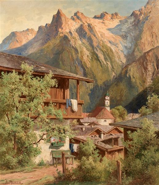 Mittenwald. Blick Auf Das Kirchdorf Vor Malerischem Gebirgsmassiv Oil Painting by Albert Leonhard Reinhardt