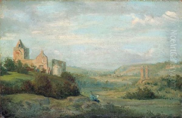 Landschaft Mit Blick Auf Eine Ruine Und Einen Zeichner Oil Painting by August (Friedrich A.) Reinhardt