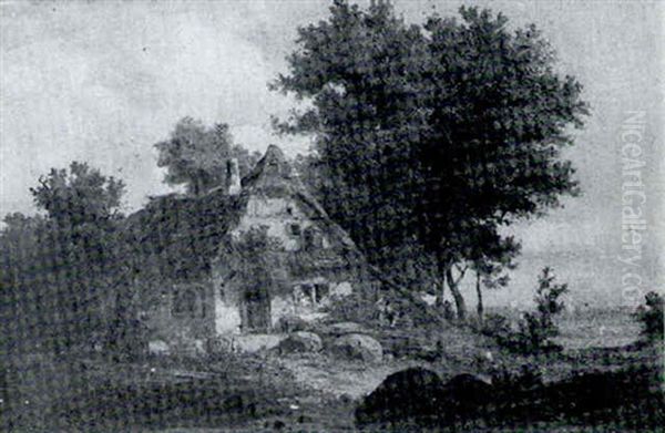 Rustic Scene With Figures By A Cottage Oil Painting by August (Friedrich A.) Reinhardt