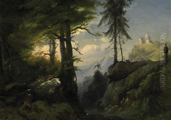 Sommer Im Hochgebirge. Blick Von Einer Schattigen Anhohe Auf Eine Sonnen Beschienene Bergstation Oil Painting by Carl August Reinhardt