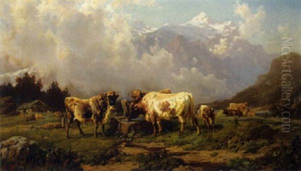 Kuhe Auf Der Alm Oil Painting by Carl August Reinhardt