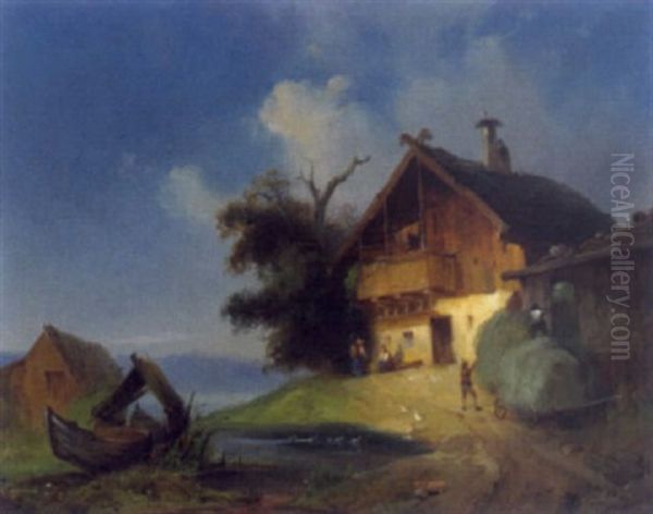 Bauernhof Am Seeufer Oil Painting by Carl August Reinhardt