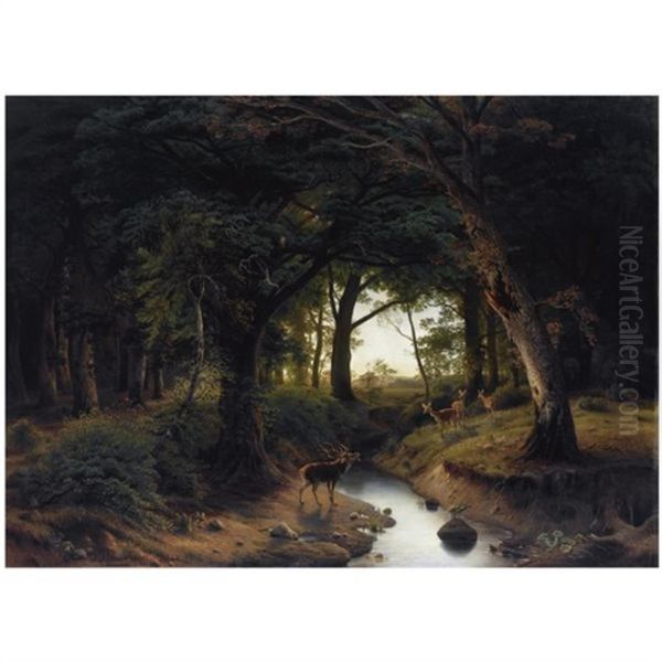 A Stag Calling To Does Across A Stream Oil Painting by Johann Jacob Reinhardt