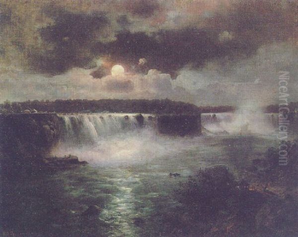 Die Niagara Falle Bei Mondlicht Oil Painting by Johann Jacob Reinhardt