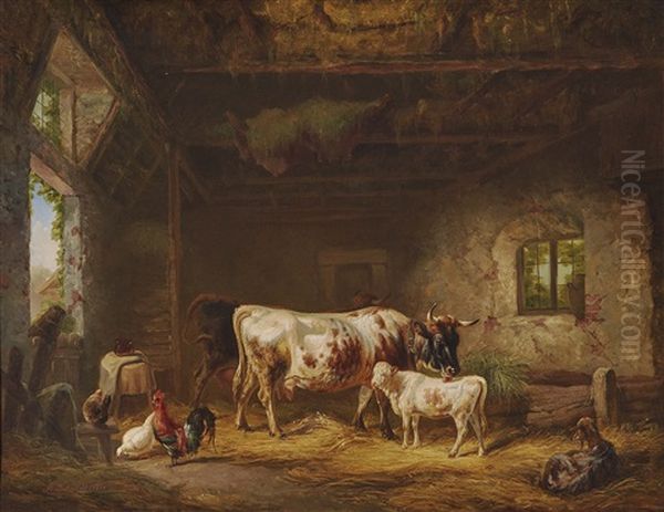 Cows And Chickens In The Barn Oil Painting by Louis (Ludwig) Reinhardt